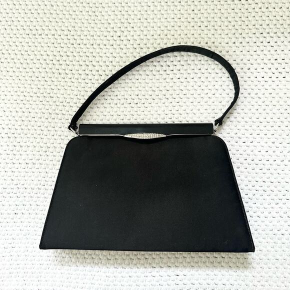 Crown Lewis Black Satin Evening Top Handle Clutch Mini Box Satchel Crystal Clasp - Picture 5 of 14